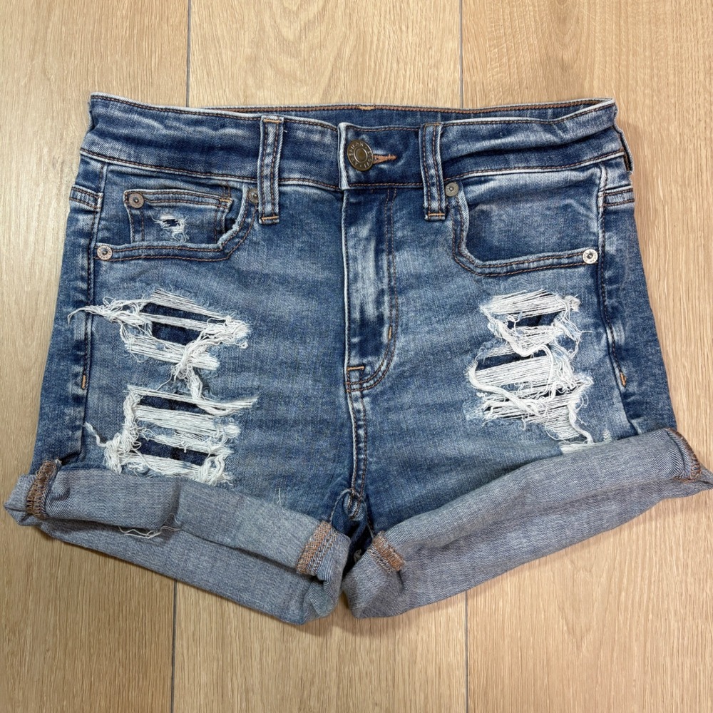 American Eagle Distressed High Waisted Denim Shorts Medium Wash Blue Womens 4
